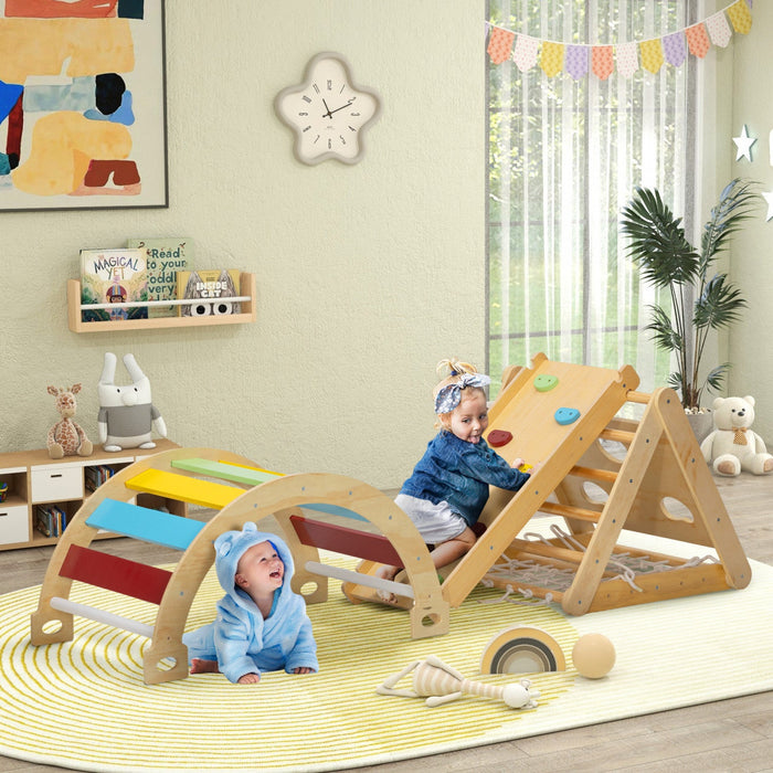 Qaba Pikler Triangle Set, 7 In 1 Climbing Toys For Toddlers Indoor, Montessori Climbing Set, Wooden 