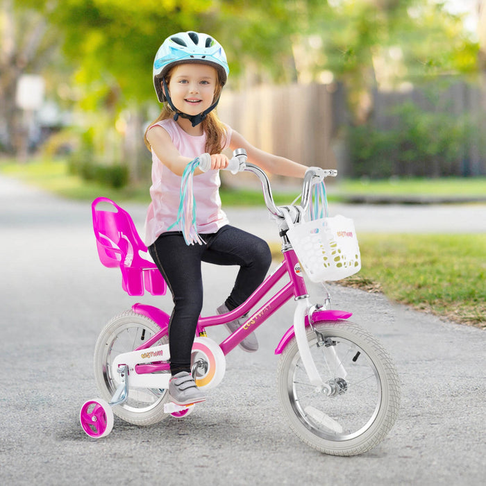 Costway 14" Kids Bike With Training Wheels Doll Seat Basket Streamers Hand Brake Pink