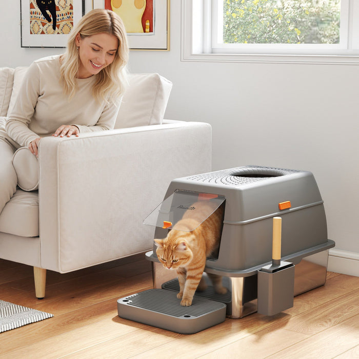 PawHut XL Stainless Steel Litter Box with Lid, 80L Extra Large Enclosed Cat Litter Box with Front/Top Entry, Trapping Step, Scoop, for Large Big Cats, Dark Grey