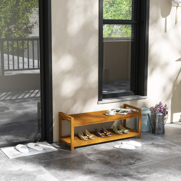 Outsunny Garden Stool With Storage Shelf, Slatted Seat For Indoor Outdoor