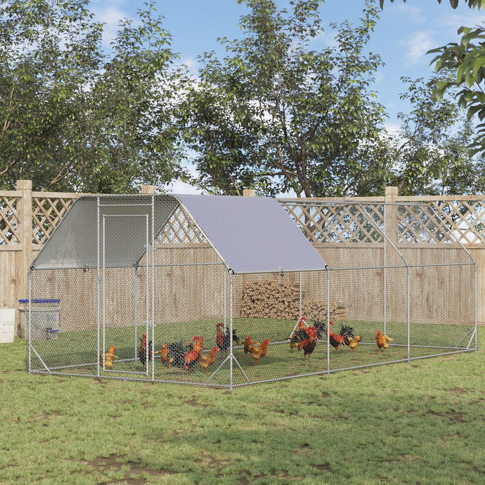 Pawhut Metal Chicken Coop For 15-18 Chickens, Walk In Chicken Run Outdoor With Cover For Backyard Fa