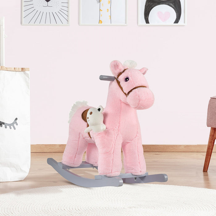 Qaba Kids Plush Ride-on Rocking Horse With Bear Toy, Children Chair With Soft Plush Toy & Fun Realis
