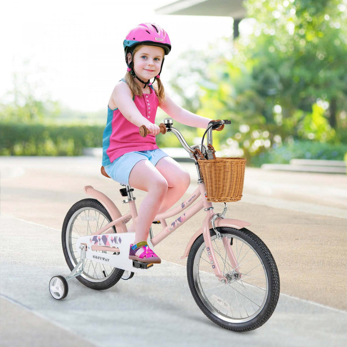 Costway 18" Kids Bike With Height Adjustable Handlebar Seat Basket Bell Training Wheels Pink