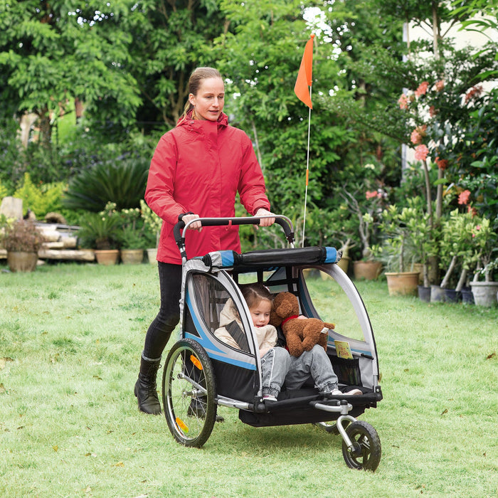 Aosom 2-in-1 Bike Trailer For Kids 2 Seater, Baby Stroller With Brake, Storage Bag, Safety Flag, Ref