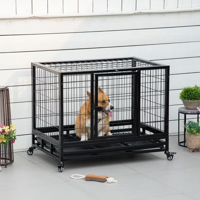 Pawhut Heavy Duty Dog Crate Cage For Large Medium Dogs With Two Doors, Lockable Wheels Tray, 36\" X 2