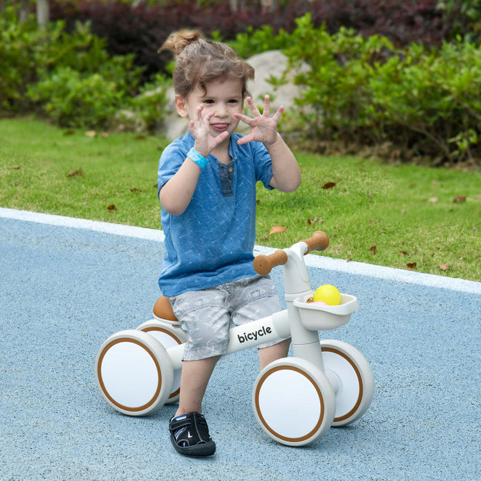 Qaba Baby Balance Bike, Toddler Balance Bike For 12-36 Months With Adjustable Seat, Removable Basket, 4 Silent Wheels, No Pedal Baby Bike For Boys And Girls, Brown