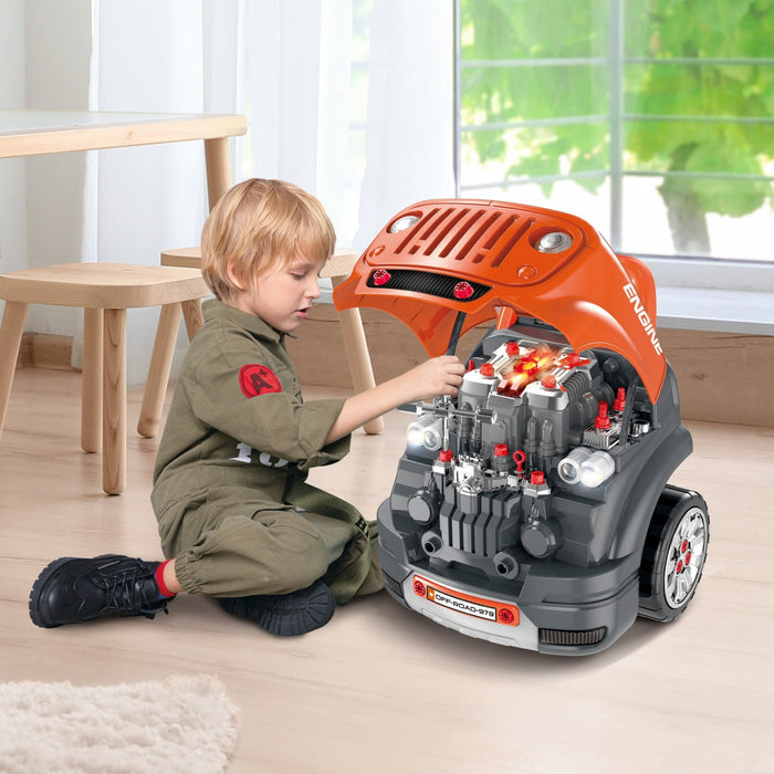 Qaba Kids Truck Engine Toy Set, Educational Car Service Station Playset, Take Apart Workshop, W/ Ste