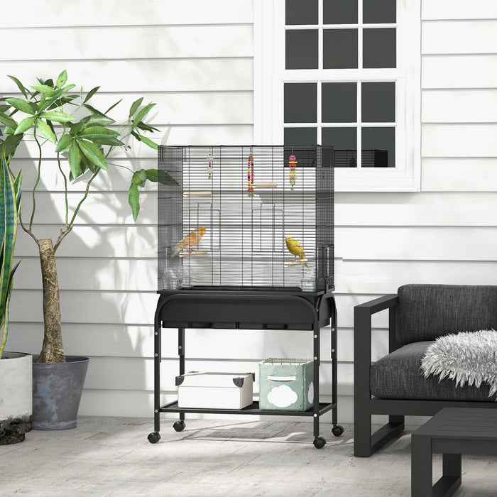 Pawhut 51\" Bird Cage For Budgies Canaries Finches Lovebirds Parakeets With Rolling Stand, Toys, Blac