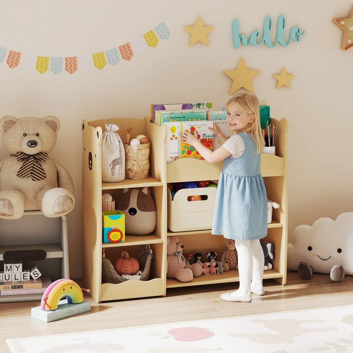 Qaba Kids Bookshelf and Toy Storage Organizer, 3 Tier Montessori Bookcase with Bear Design, Toy Organizer with Open Display for Nursery, Playroom, Bedroom, Natural