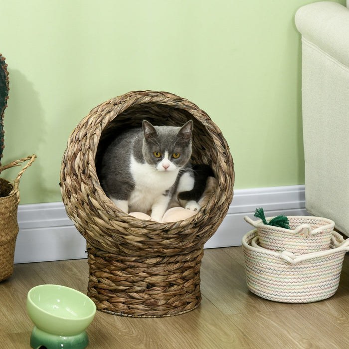 Pawhut Wicker Cat Bed, Elevated Rattan Kitten Bed With Cushion, Cat Egg Chair Kitty House With Stand