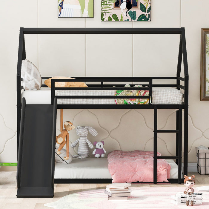 Liam House Metal Bunk Bed with Ladder and Slide, Twin Over Twin Size, Black  