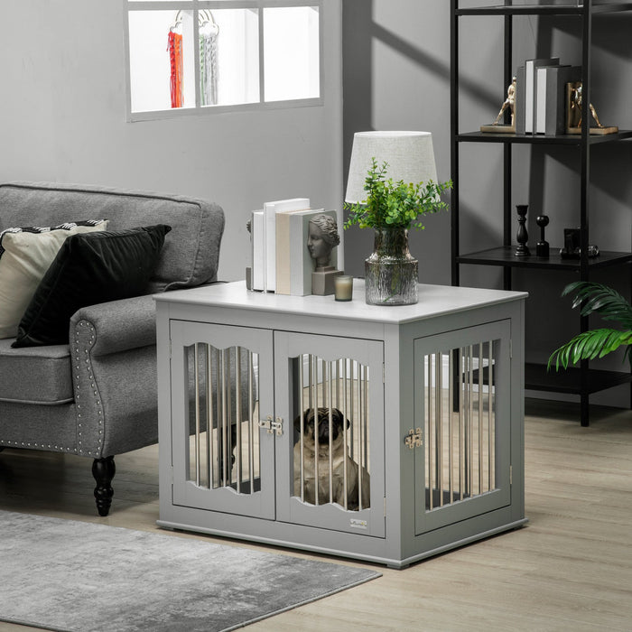 Pawhut Dog Crate Furniture, 32\" Dog Kennel Side End Table With Three Doors, Locks, Dog Cage For Indo