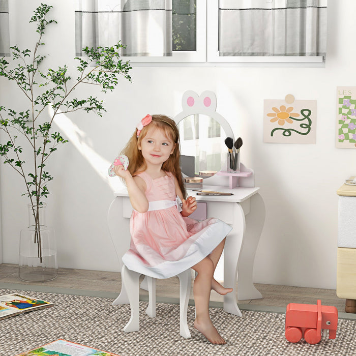Qaba Kids Vanity Set With Mirror And Stool, Makeup Vanity Table For Children 3-6 Years Old, With Dra