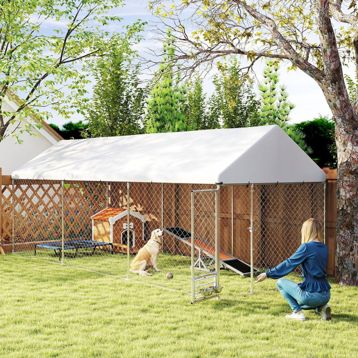 Pawhut Outdoor Dog Kennel With Roof, Heavy Duty Dog Run Outdoor Fence Cage With Adjustable & Rotating Bowls, Waterproof Uv-resistant Cover, Secure Lock, 19.7' X 7.5' X 7.5'