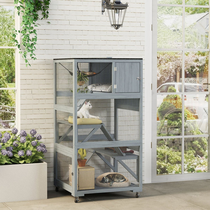 PawHut 66"H Catio on Brake Wheel, Indoor Outdoor Cat Enclosure Cage with Weatherproof Roof Hammock Multiple Platforms Resting Condo Ramps Lockable Doors, for 1-3 Cats, Grey