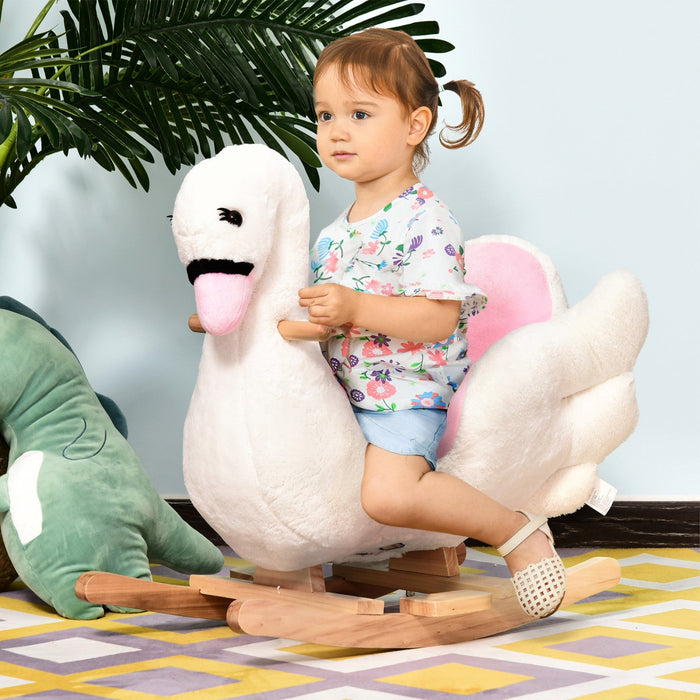 Qaba Soft Warm Kids Rocking Horse Child Plush Ride On Toy Swan Design Playtime With Lullaby Song, Wh