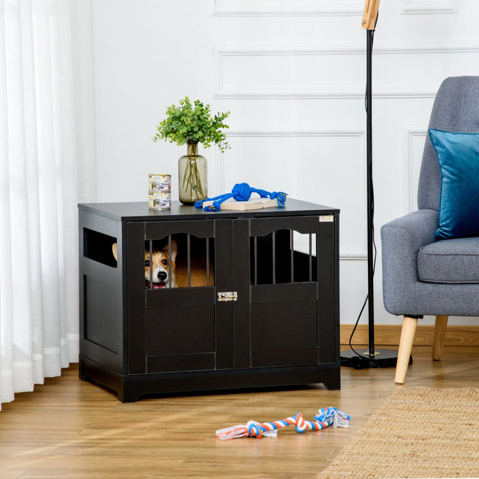 Pawhut 29.5\" Wooden Dog Cage With Windows, End Table Furniture Style, Modern Pet Kennel With Lockabl