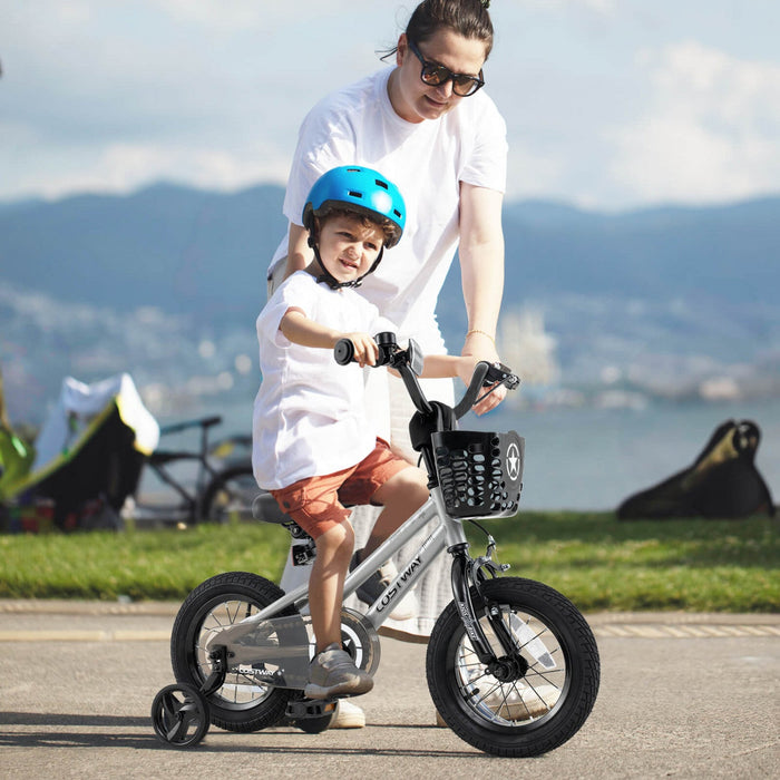 Costway 12" Kid's Bike With Training Wheels Adjustable Handlebar & Seat Handbrake Silver