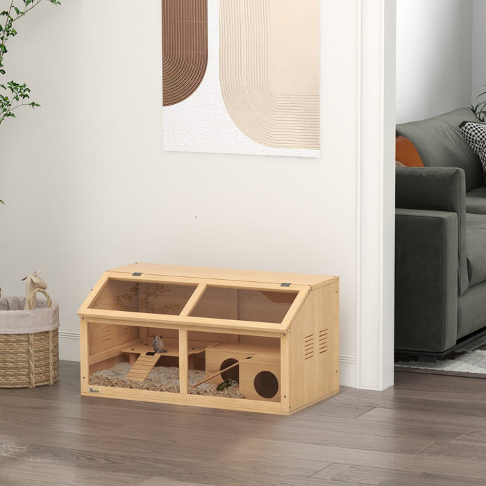 Pawhut Wooden Hamster Cage, 33.5\"l Hamster Habitat, Small Animal Cage For Syrian Drawf Hamster Gerbi