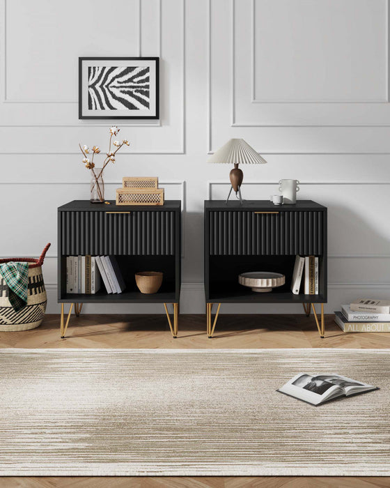 Dumbo Modern 20\" Fluted Nightstand in Black (1-Drawer) - Set of 2 