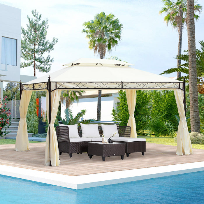 Outsunny 10x13ft Garden Gazebo Double-tiered With Curtain Outdoor Shelter Backyard Canopy Cream Whit