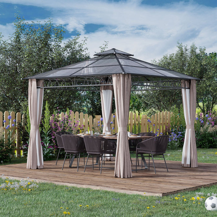 Outsunny 9' X 10' Double roof Hardtop Gazebo With Nettings curtains Khaki