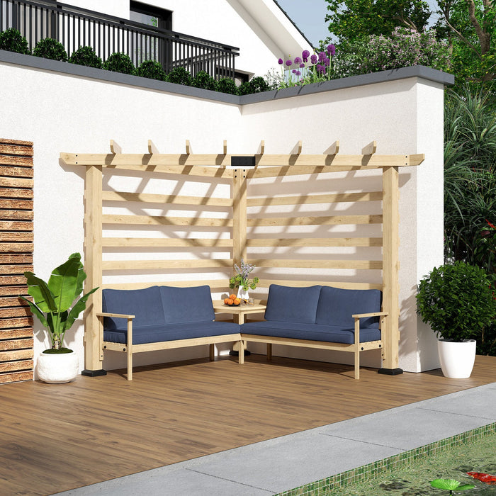 Outsunny 9' X 9' Corner Pergola With Conversation Set And Cushions, Fir Wood Outdoor Pergola With En