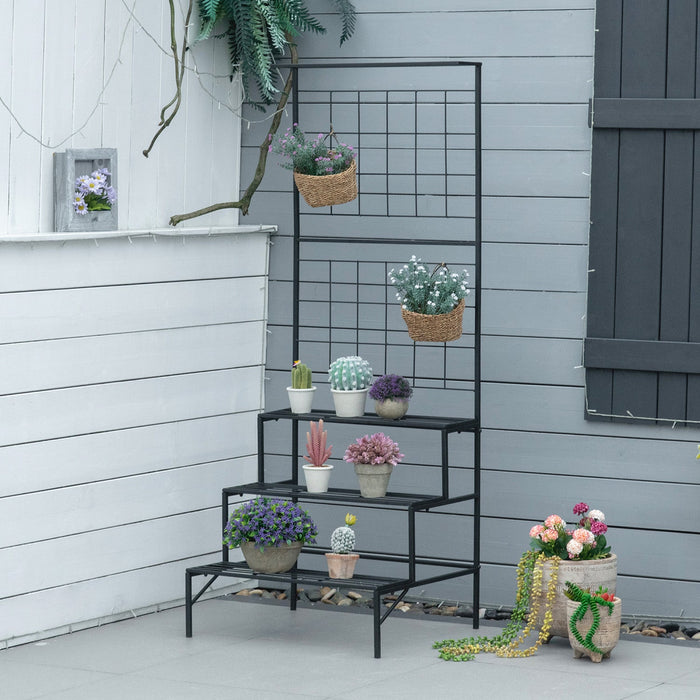 Outsunny 3-tier Hanging Plant Stand With Grid Panel, Planter Shelves Flower Pot Organizer Rack, Mult