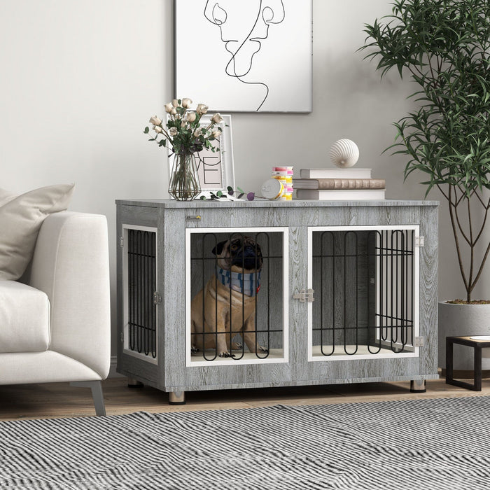 Pawhut 35in Dog Crate End Table With Soft Cushion, Double-door Dog Crate Furniture For Medium Large 