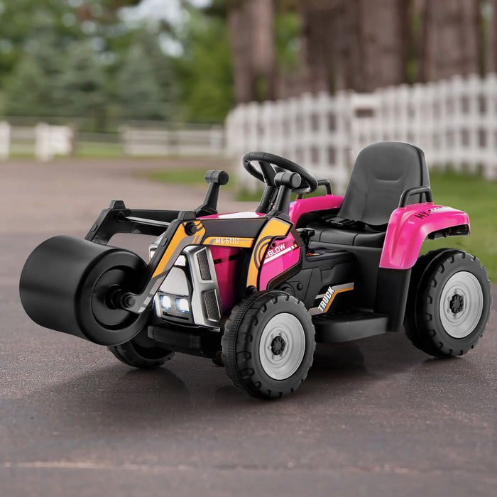 Costway Kids Ride On Road Roller 12v Electric Tractor Remote W/ Music & Led Light Pink