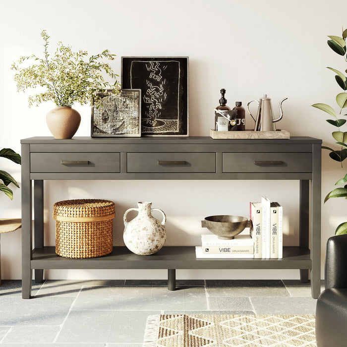 Emma 59.1'' Farmhouse Entryway Table with Drawers and Open Shelf,Grey Sofa Table  