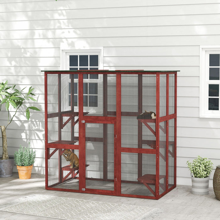 Pawhut Large Outdoor Catio Enclosure, Weatherproof Cat House With Asphalt Roof, Wooden Cat Patio Cag