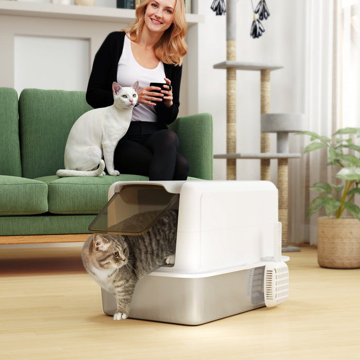 Pawhut Stainless Steel Cat Litter Box With Removable Lid, Extra Large Litter Box With Scoop, Metal L