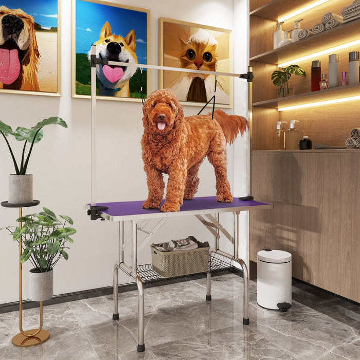 Pawhut Adjustable Dog Grooming Table Rubber Top 2 Safety Slings Mesh Storage Basket Heavy Metal Purp