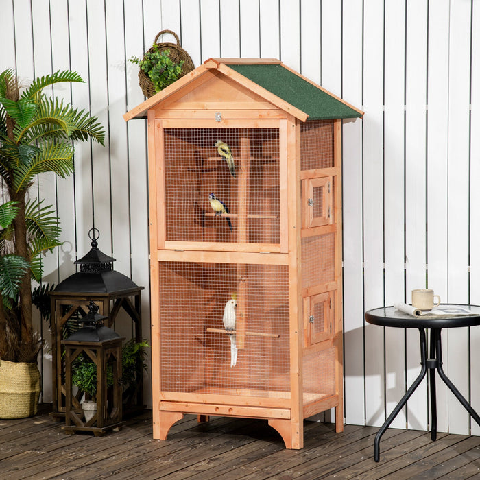 Pawhut 62.5" H Large Wooden Bird Cage Outdoor Indoor For African Grey Small Quaker Amazon Parrot Cockatiel Sun Parakeet Green Cheek Conure Dove Lovebird Budgie Play, Orange