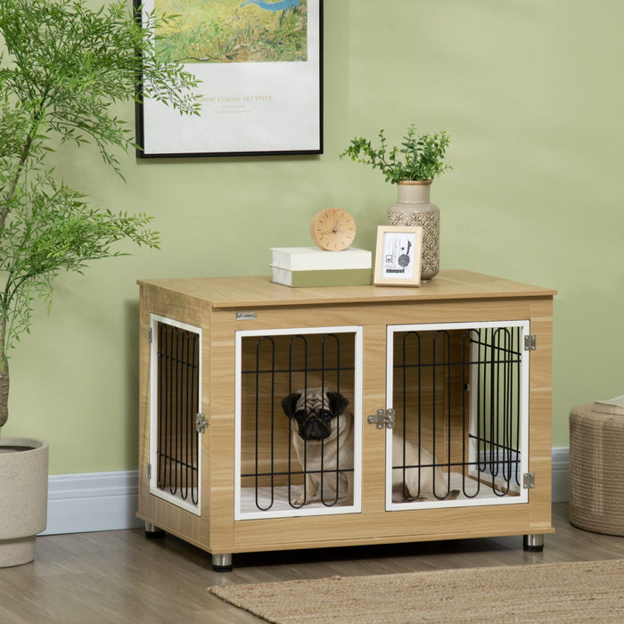 Pawhut Pet Crate End Table With Soft Cushion, Double-door Dog Crate Furniture For Medium Large Dogs,
