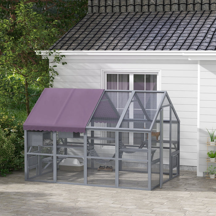 Pawhut Catio Outdoor Cat Enclosure Wooden Feral Cat House With Weatherproof Canopy, Bridges, Resting