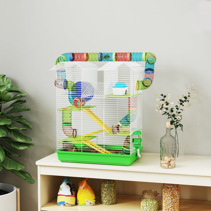 Pawhut 18.5" Hamster Cage, 5 Tiers Small Animal House With Tunnel Tube System, Exercise Wheel, Water Bottle, Food Dish, Ramp, Green