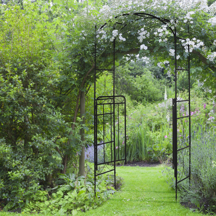 Outsunny 7' Metal Garden Arbor Arch With Scrollwork Doors For Ceremony, Weddings, Party, Backyard, L