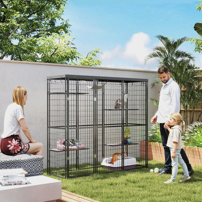 Pawhut Catio Outdoor Cat Enclosure, Weld Wire Outdoor Cat House With Waterproof Cover, 4 Jumping Platforms, Hammock, Cat Cage Indoor For 1-3 Kittens, 69" X 22" X 62", Black