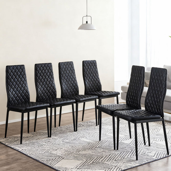 Ava Modern Diamond Grid Pattern Dining Chair Set (6-Pack) with Fireproof Leather and Metal Frame,Black  