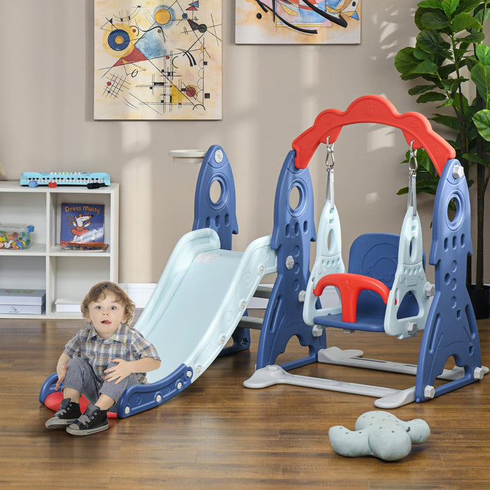 Qaba Kids Slide And Swing Set 3 In 1 Indoor Playground With Basketball Hoop, Adjustable Swing, Climb
