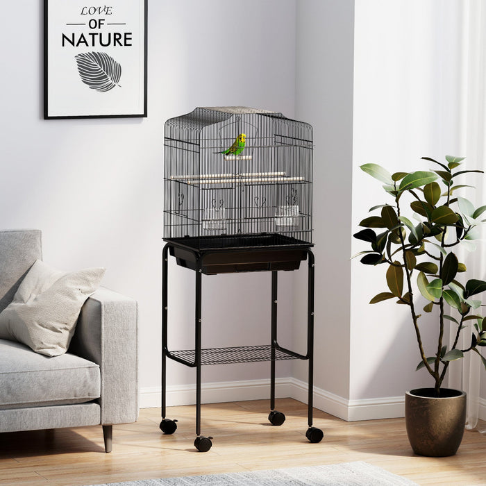 Pawhut 49" Bird Cage For Finches, Canaries, Budgies, Parrot Cage With Accessories, Wheels, Detachable Stand, Storage, Black