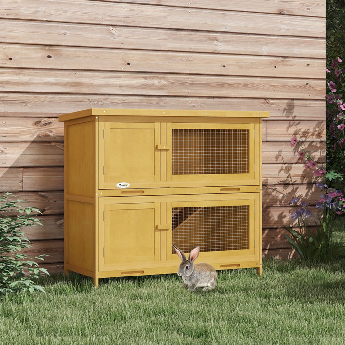 Pawhut Rabbit Hutch, Wooden 2 Tier Bunny Guinea Pig Cage With Openable Top, Slide-out Tray, Ramp, As