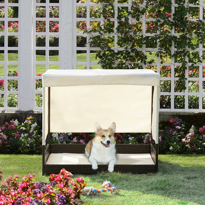 Pawhut Wicker Dog House Elevated Pet Bed With Shade Canopy For Medium Large Dogs Indoor Outdoor With