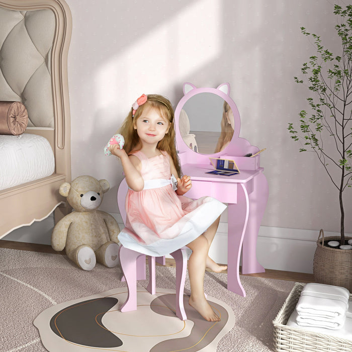Qaba Kids Vanity Set With Mirror And Stool, Makeup Vanity Table For Children 3-6 Years Old, With Dra