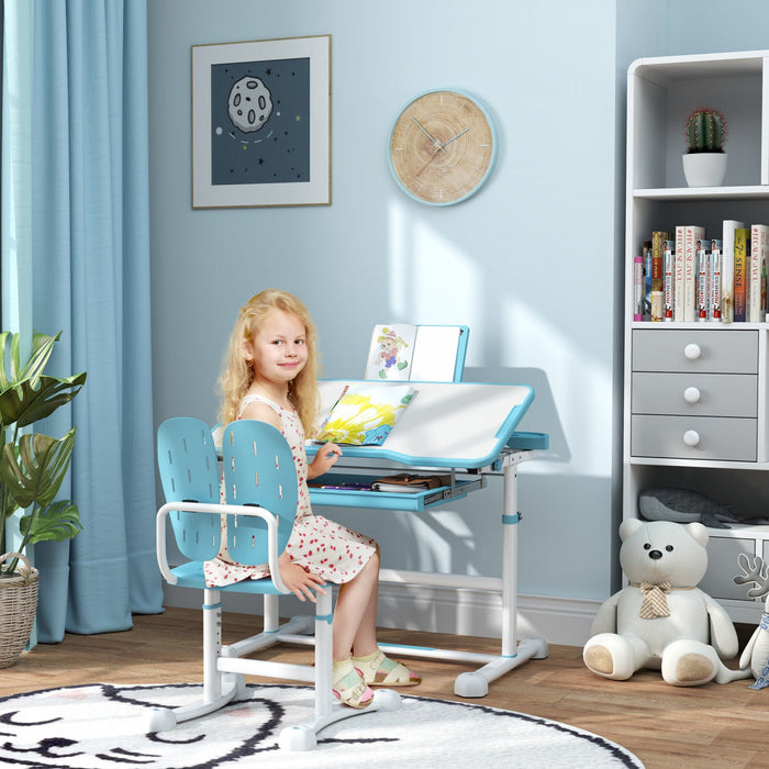 Qaba Kids Desk And Chair Set, Height Adjustable Kids Study Table And Chair Set With Tilt Desktop, La