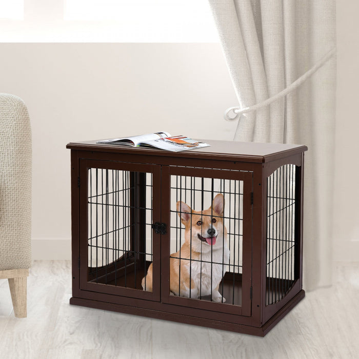 Pawhut 32\" Wooden Dog Crate Furniture Dog Cage, Modern Side Table Pet Kennel With Double Lockable Do