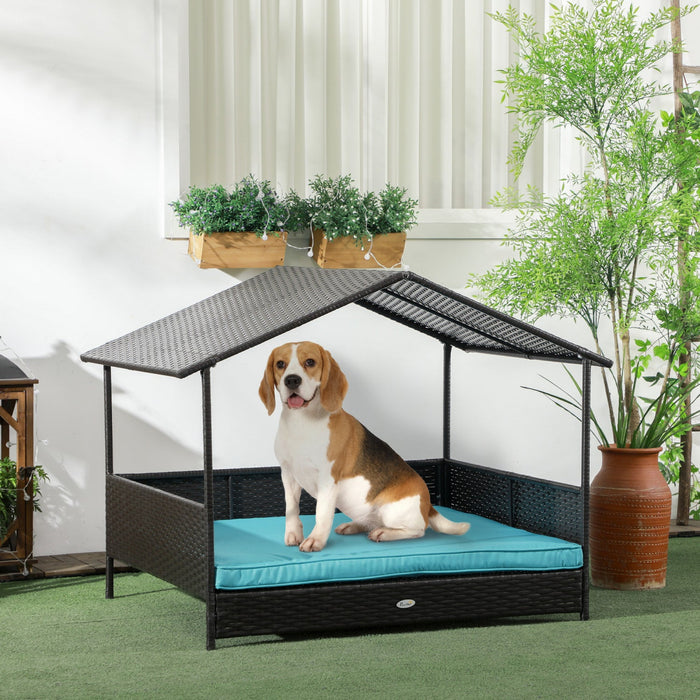 Pawhut Rattan Dog House Outdoor With Shade Canopy, Elevated Wicker Dog Bed With Soft Cushion Washabl
