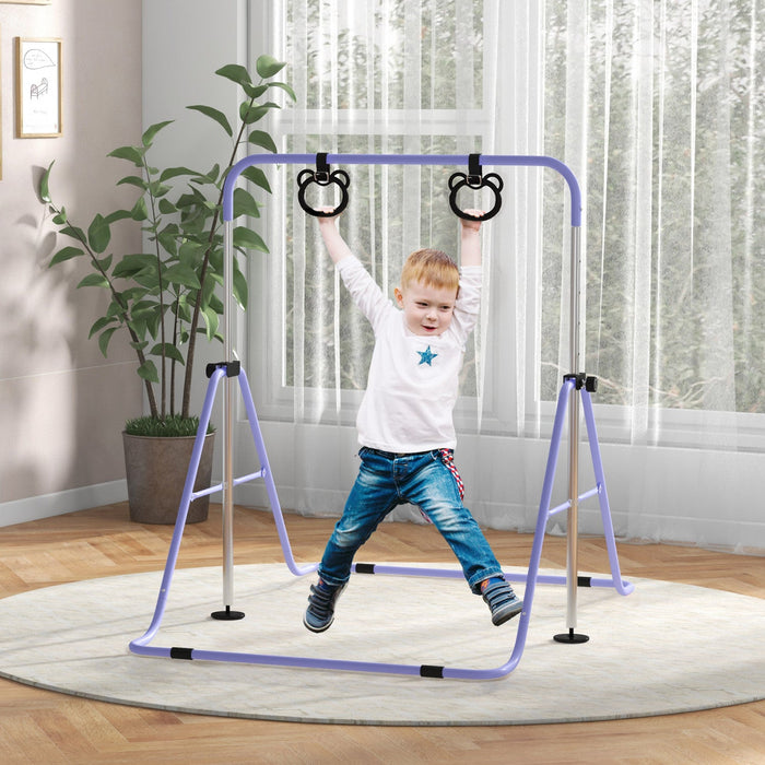 Qaba Gymnastics Bar For Kids, 35"-50" Adjustable Height Foldable Horizontal Bar With Gymnastics Rings, Non-slip Rubber Floor Rings, For Home Training Equipment, Purple
